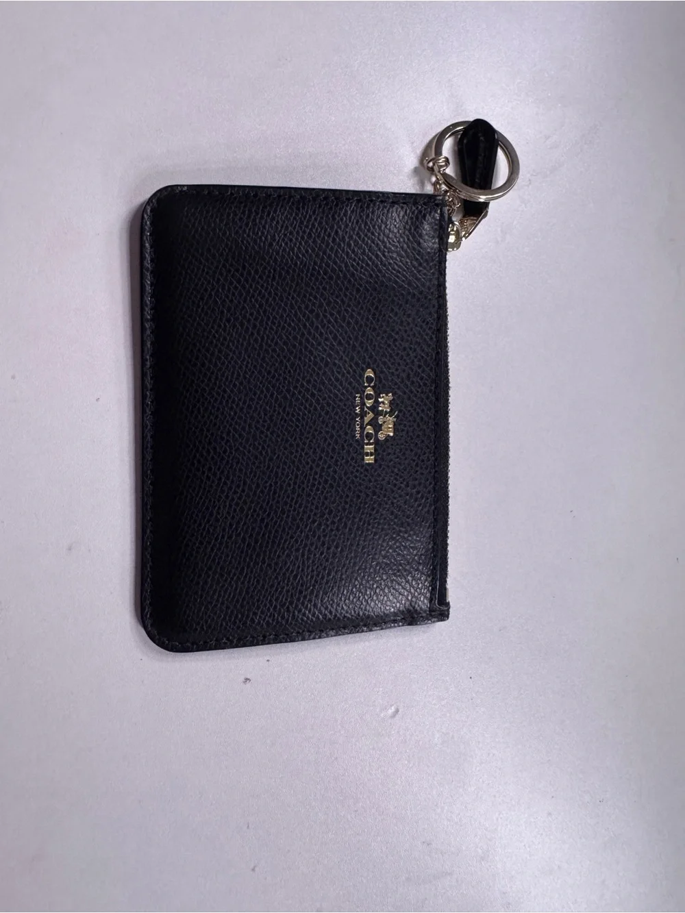 Coach Black Leather Zip Card Holder with Key Ring and Gold Logo